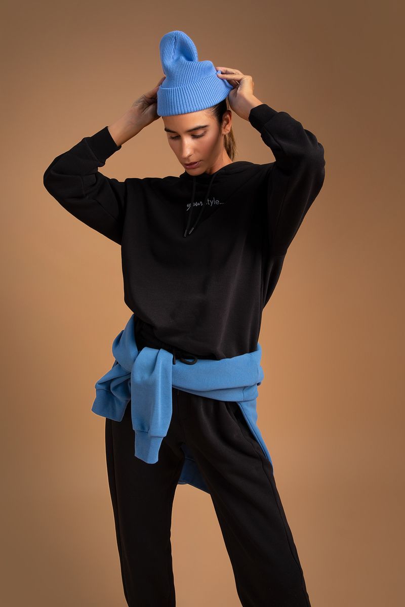 Woman - Hooded Oversize Fit Knitted Sweat Shirt-Black