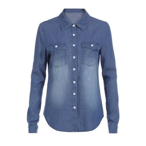 Womens Casual Blue Denim Long Sleeve Shirt