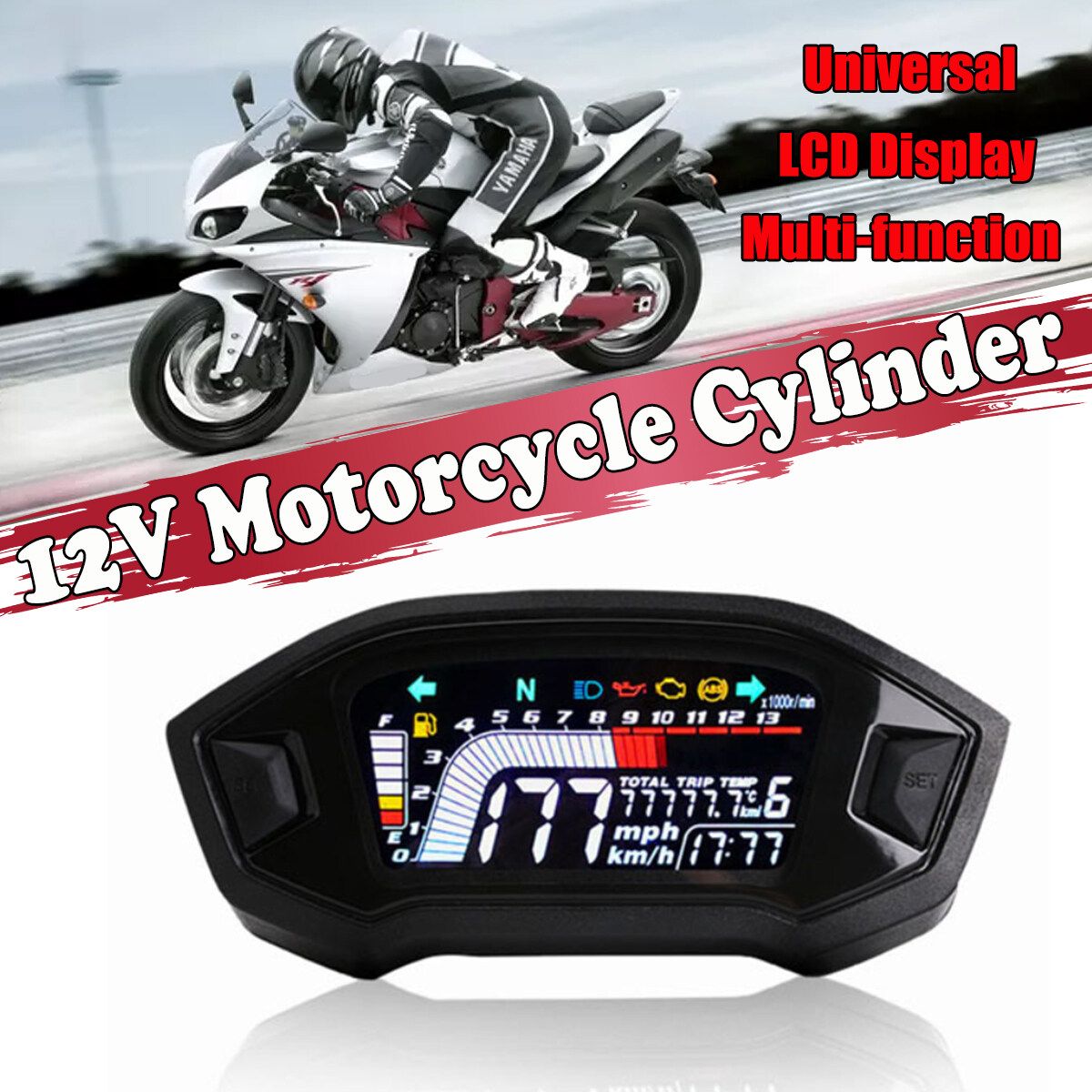 Universal 12V LCD Digital Odometer Speedometer Tachometer Motorcycle Cylinder