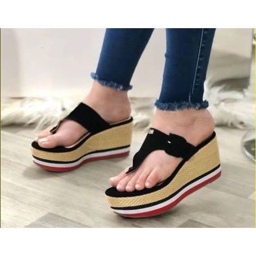 Women's Wedge Slippers - Black Multicolour