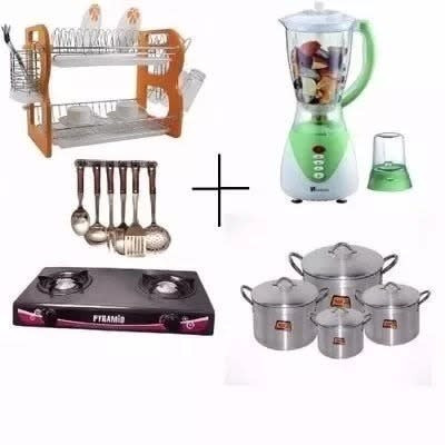 Plate Rack -  Gas Cooker - 4 Sets Of Pots - Saisho Blender & Cooking Spoons