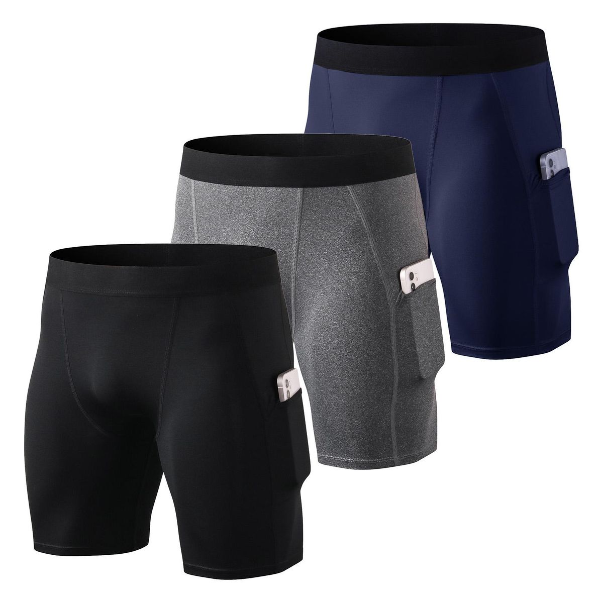 Men 3 Pcs Shorts Elastic Pocket Quick-dry Sports Athletic Tights Bodycon Briefs