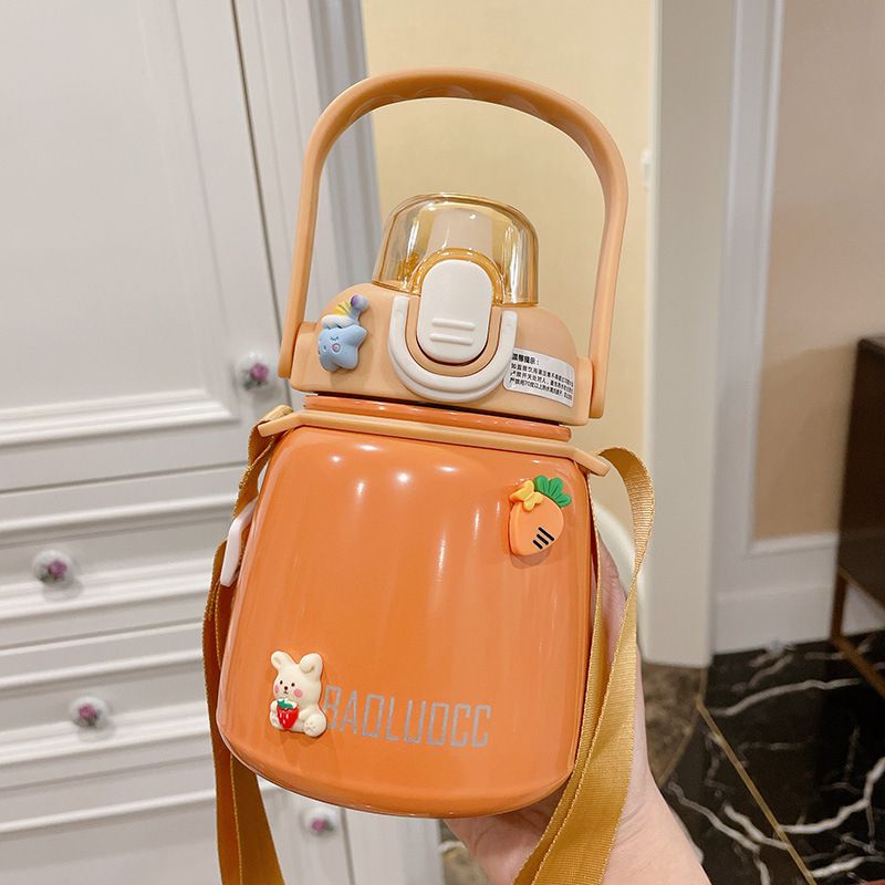 网红大肚保温杯大容量女高颜值学生水杯子带吸管可爱便携背带水壶 提手胖胖保温杯650ml小咖 送3D贴+贴纸 650ml