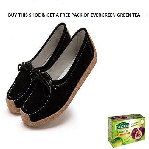 Women'S Leather Moccasins Flat Shoe -Black + A Free Pack of Evergreen Green Tea
