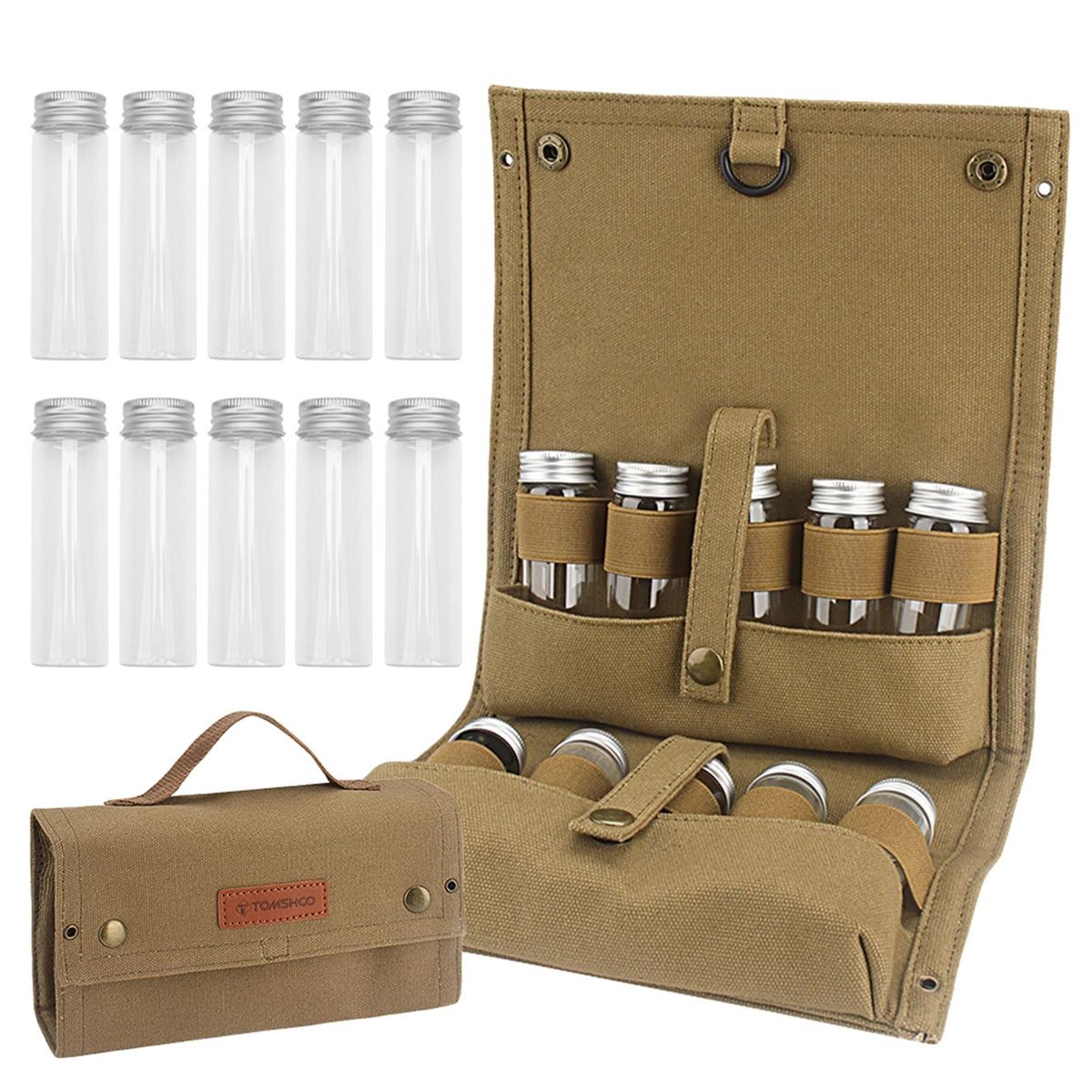 TOMSHOO Portable Spice Bag with 10 Spice Jars Canvas Seasoning Storage Bag Organizer Seasoning Bottle Holder with Condiment Bottle Set for Outdoor Camping BBQ Picnic