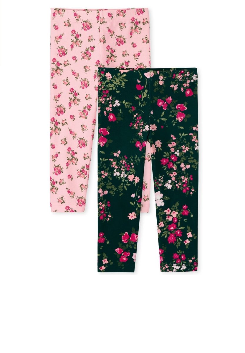 Girls Floral Full Length Leggings- Dark Green Pink 2 In 1 Set