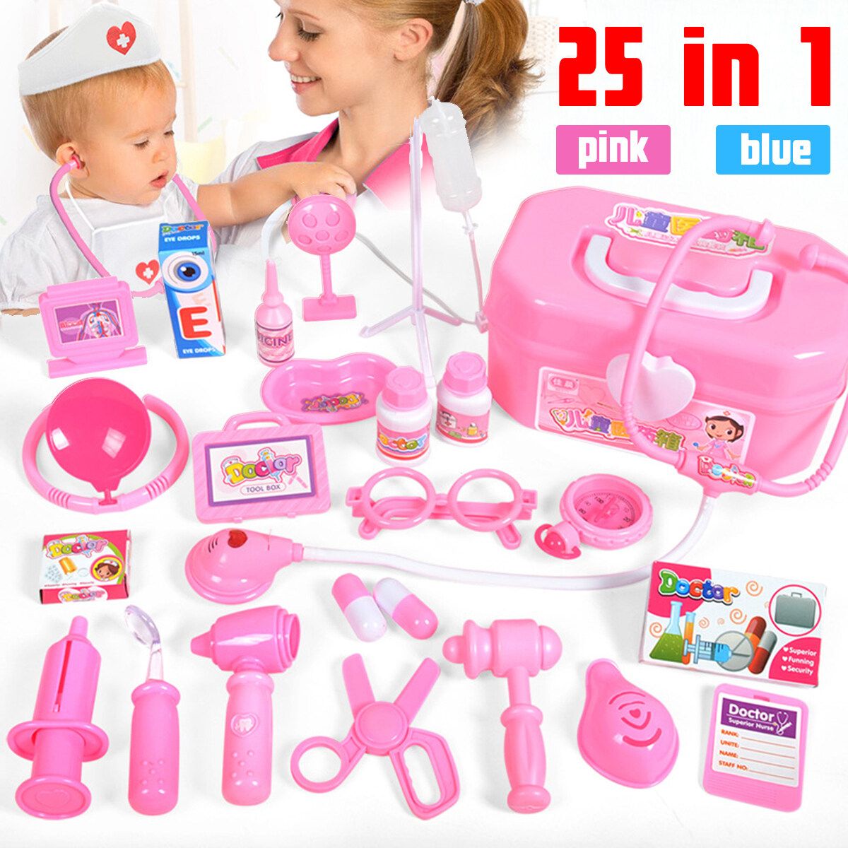 25pcs Boys Girls Play Educational Doctor Case Kit Hospital Supply Toy Pink