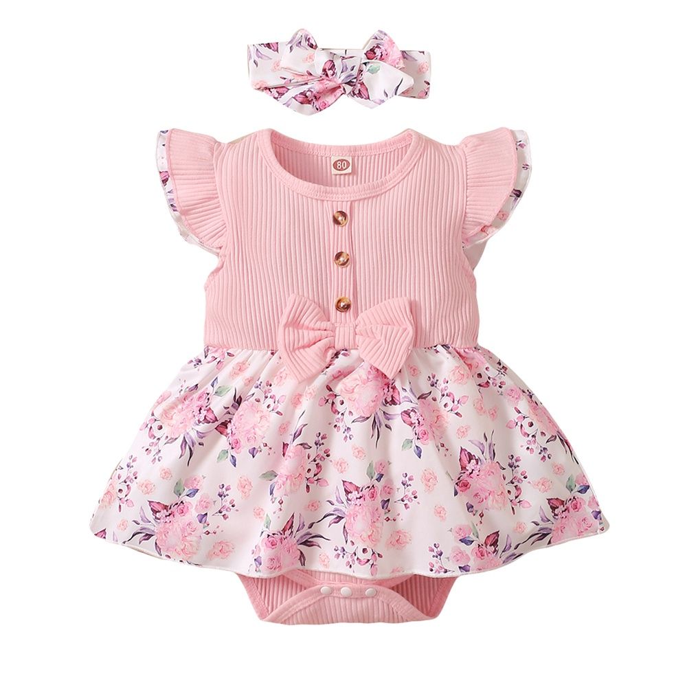 0-18Months Baby Girl Fly Sleeve Bodysuit Floral Skirt Design Gift Headband