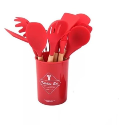 Silicon Cooking Spoon Set- 11 Pieces - Red