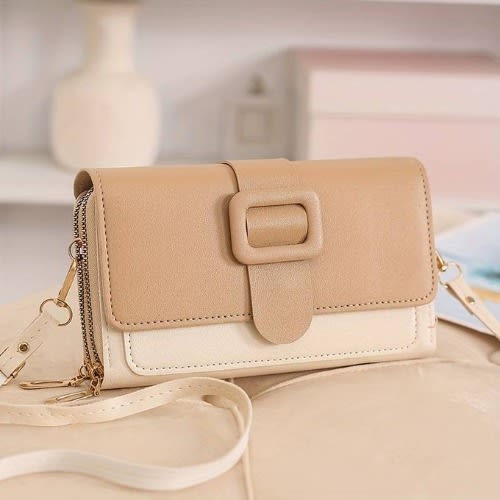 Ladies Leather Shoulder Zipper Bag Casual Purse Long Wallet - Cream/beige