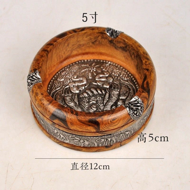 Natural Thai Mango Wood Retro Leopard Elephant Tin Sheet Portable Creativity Ashtray Cigar Weed Trays Smoking Accessories Supply