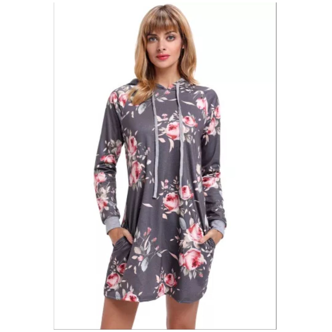 Mfed Grey Floral Print Drawstring Hoodies Dress