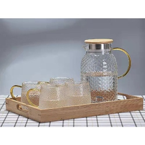 Glass Carafe-pitcher-jug With Wooden Tray And 4 Cups