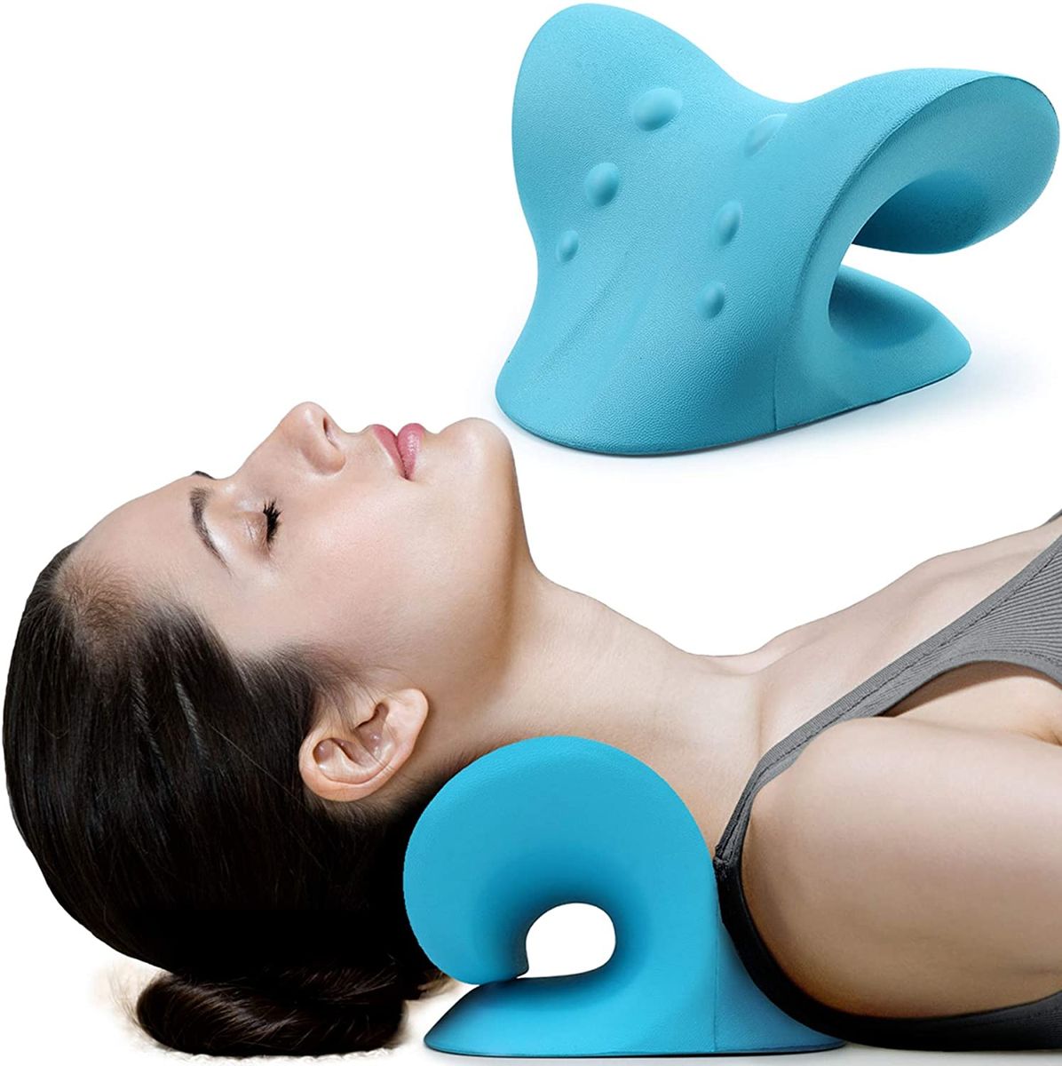 Neck Shoulder Stretcher Relaxer Cervical Chiropractic Traction Device Pillow For-Blue