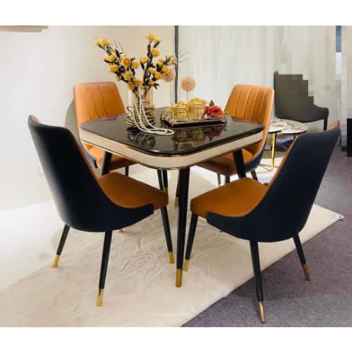 Modern Marble Square Dinning Table And 4 Leather Chairs