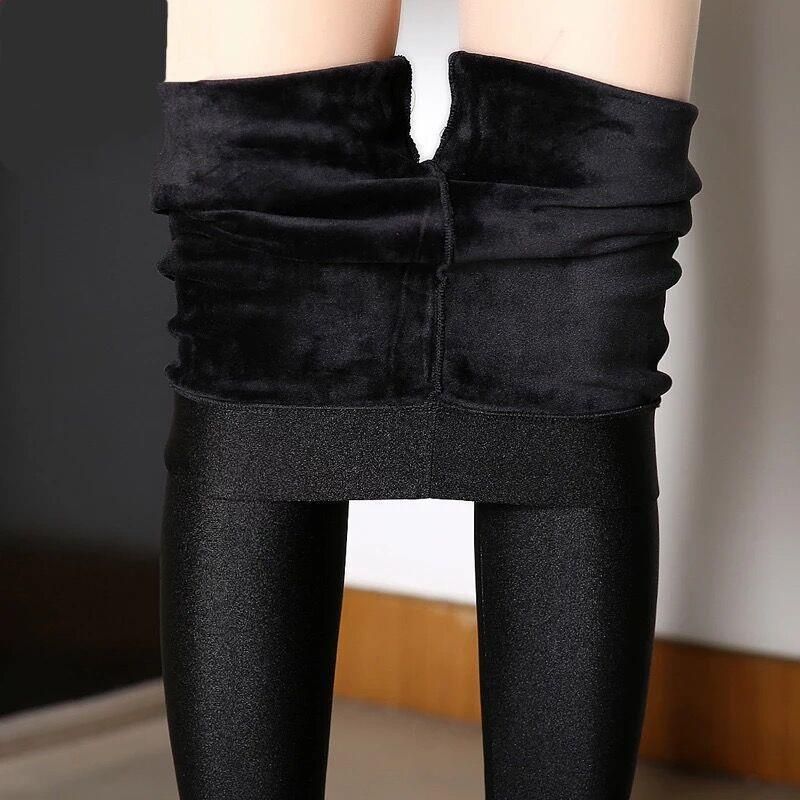 Thin/plush and thick high waisted glossy pants for women's outerwear, showing slimming and oversized