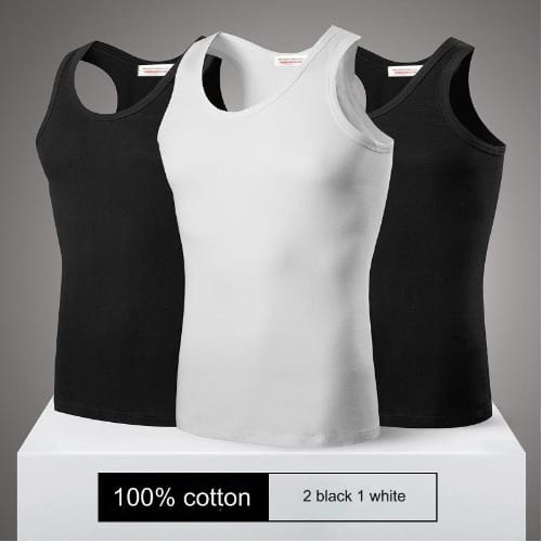 3 In 1 100% Pure Cotton Underwear Singlet For Men Tank - Top Vest - 2 Black & 1 White