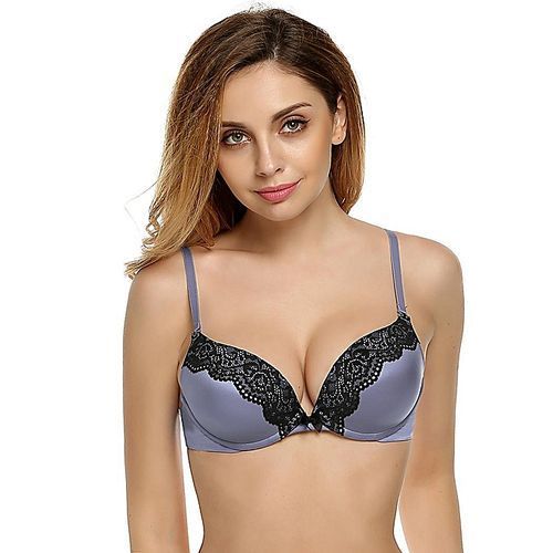 Women Sexy Underwear Lace Patchwork Seamless Underwire Push Up Bra-Gray