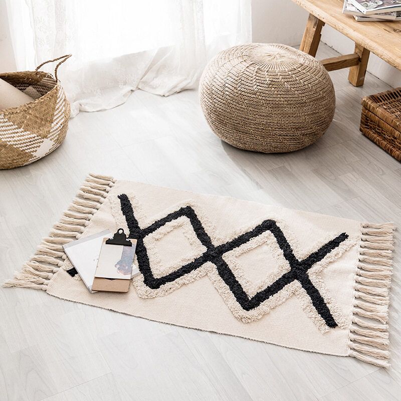 Retro Bohemian Hand Woven Cotton Linen Tassel Carpet Rug Bedside Rug Geometric Floor Mat Living Room Bedroom Carpet Home Decor Pattern 1