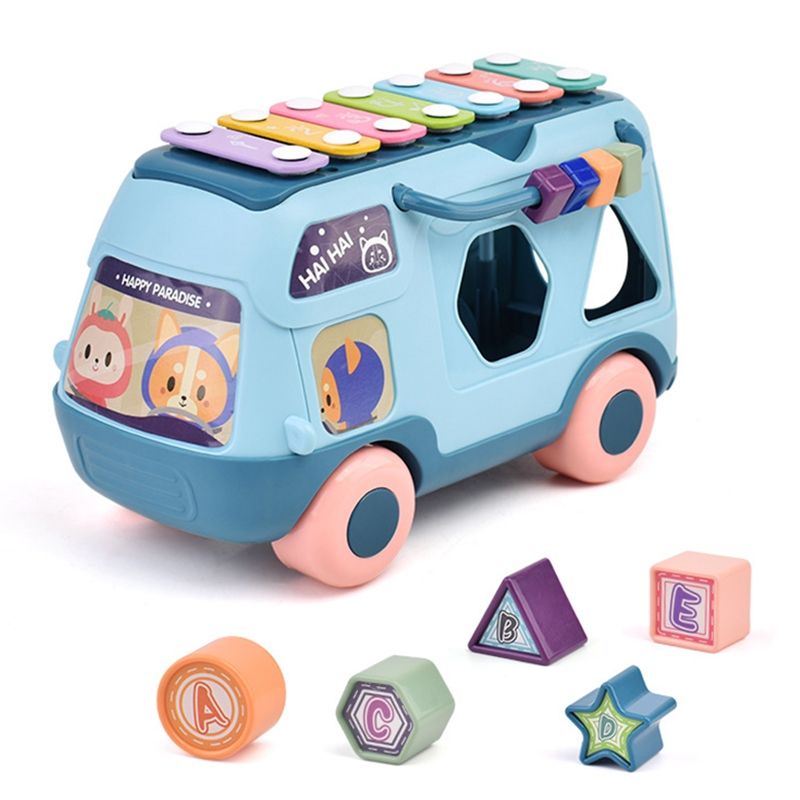 Children Multifunctional Bus Toy With Light Music Early Education Puzzle Toy(Blue)