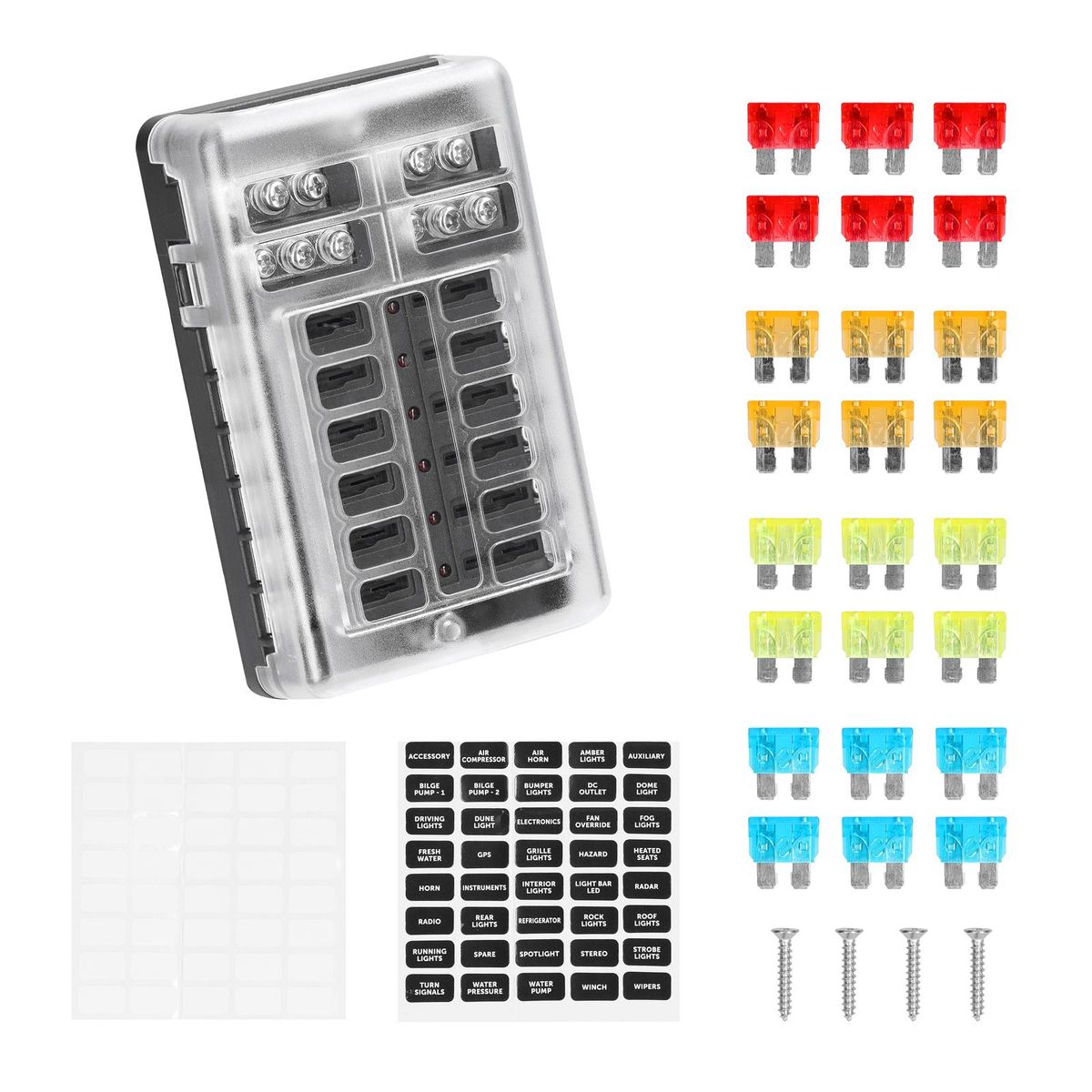 Positive and Negative Anodes Fuse Block Box Transparent Cover Fuses Holder with LED Indicator Light for Car Marine Boat Remoulded Use 6-Way 12-Way Optional
