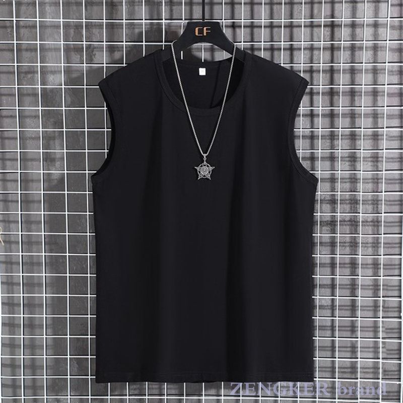 Summer Men's Sports Cotton Sleeveless T-shirt Round Neck Loose  Sports Tank Tops Singlet Men 8XL 9XL-black