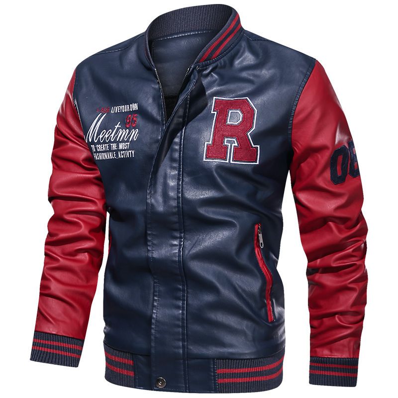 Men's Faux Leather Jacket - Casual Weather Jacket -Dark Blue/Red