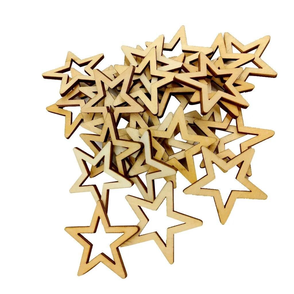 25 Pieces Unfinished Hollow Star Shape Wooden Embellishments 50mm