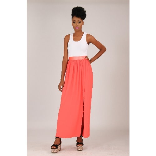 Maxi Chiffon Skirt with Button Up Slit &ndash; Peach