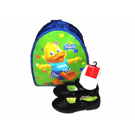 Small Girls Single Strap School Shoe With Socks & School Bag - Black