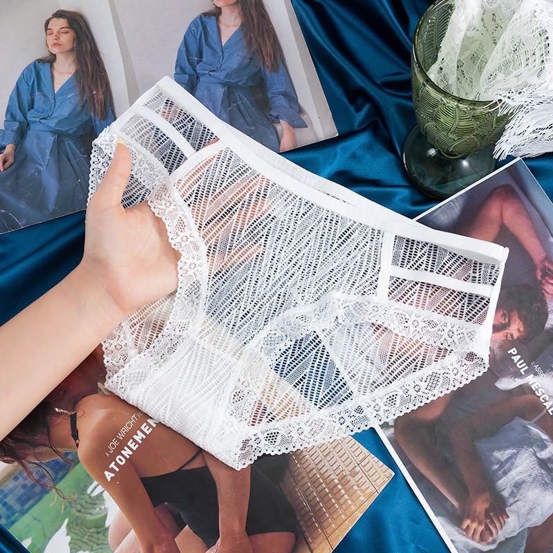 Women's Panties Female Lingerie Transparent Underwear Hollow Panties For Women 3 Color Briefs Net Yarn Lace Underpants XL(#102-White)