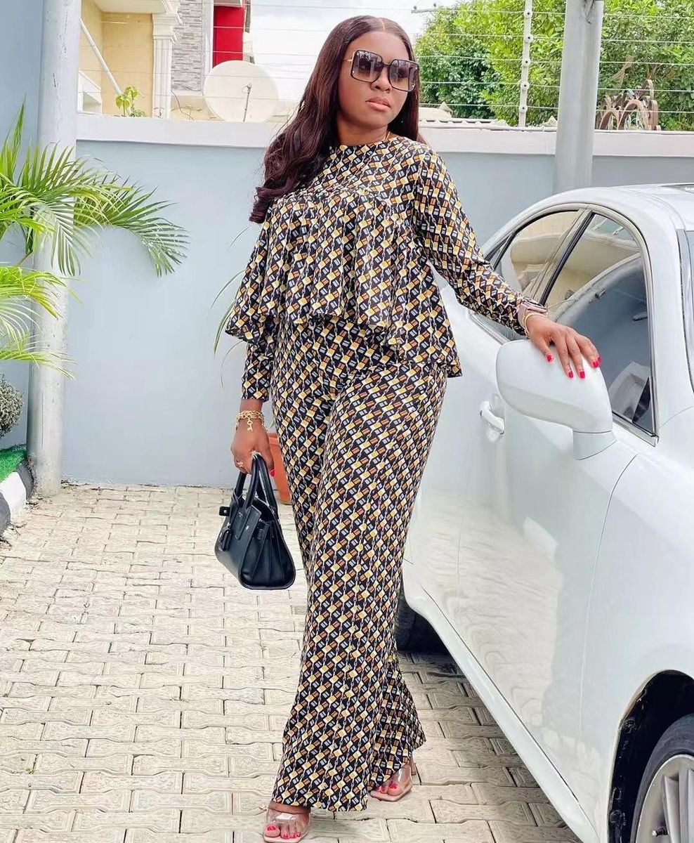 Two-piece Autumn Pleated Plaid Printed Casual Long-sleeved Trousers Yellow