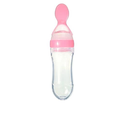 Silicone Baby Squeezing Spoon Feeding Bottle Training Feeder - Pink