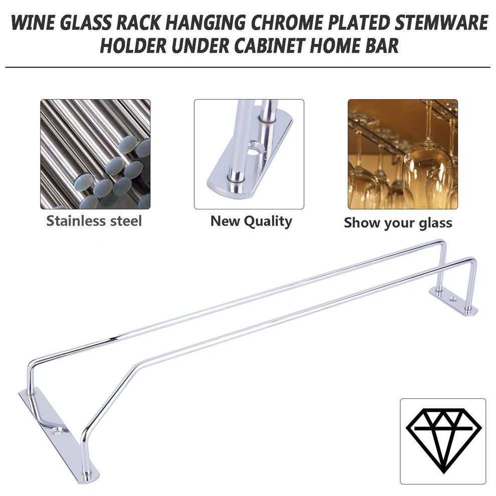 Wine Glass Rack Hanging Chrome Plated Stemware Holder Under Cabinet Home Bar Silver
