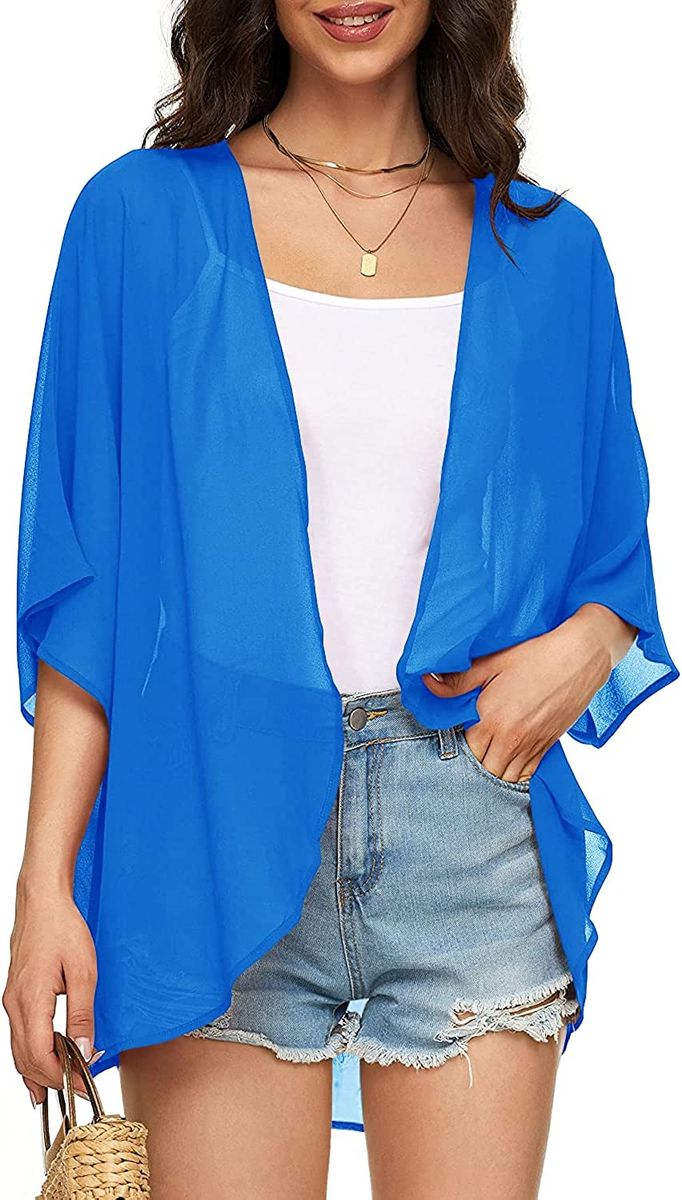 Blue Light Weight Open Front Kimono Jacket Women Cover Up Swim Top Blouse Shirt