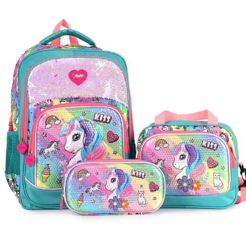 Girls Unicorn Sequins Water-resistant Sturdy School Bag Set -Green