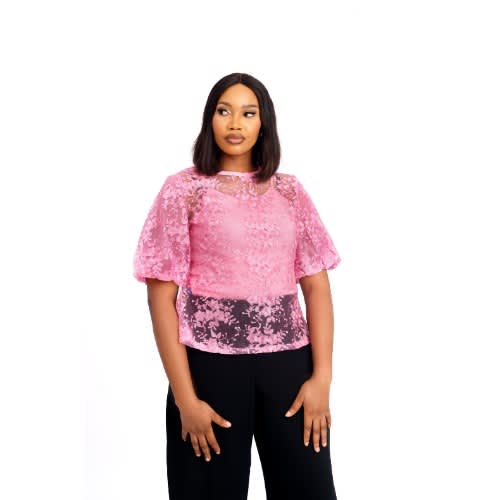 See Through Lace Blouse With 180&deg; Flared  Sleeves Baby Pink Lbs-9122