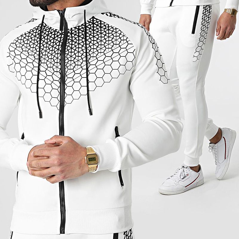 Mens 2 Pieces  Set Tracksuit Hooded Sweatshirt Jacket White