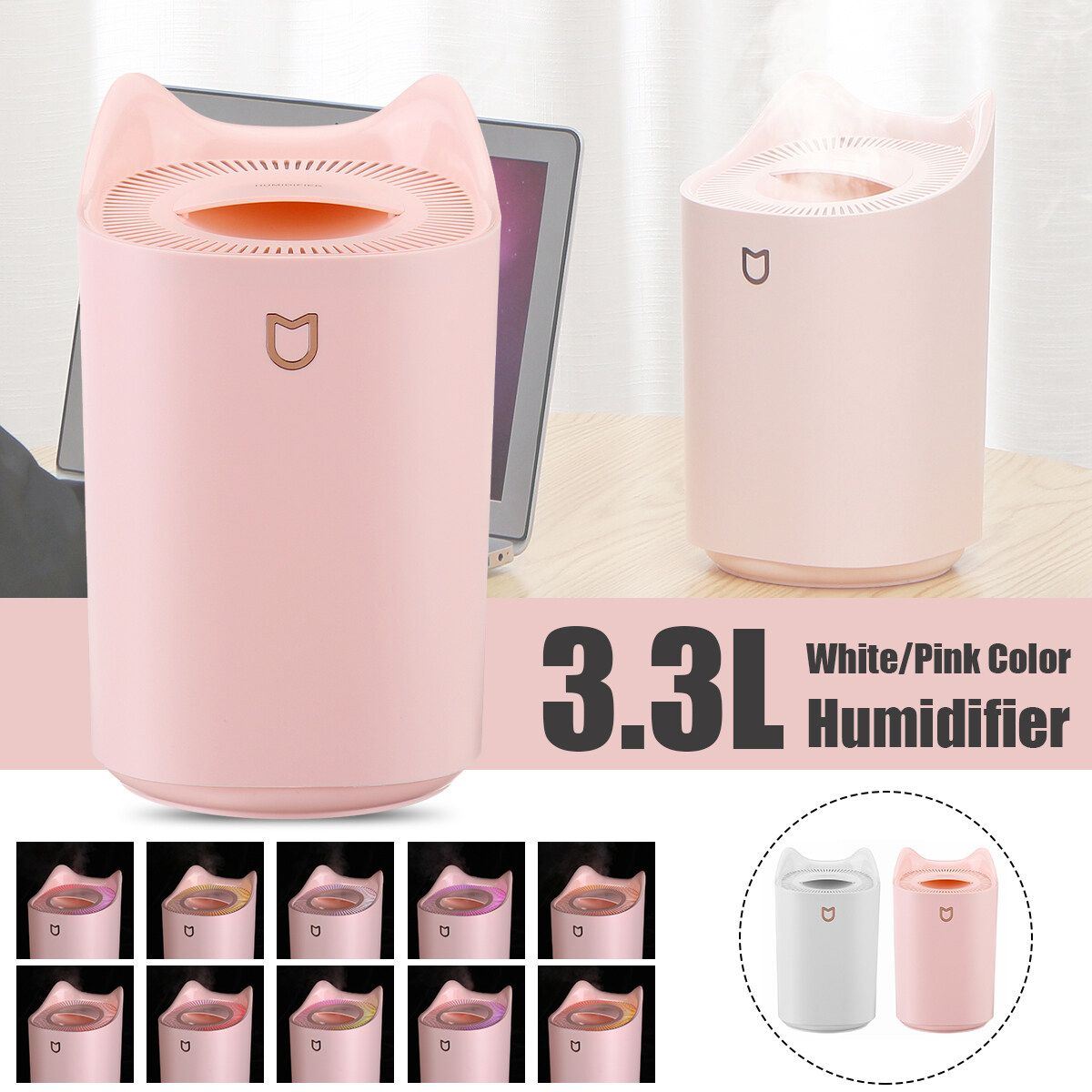 3.3L Humidifier USB Large Capacity Home Office Bedroom LED Lights Essential Oil Diffuser Waterless Auto Shut-off Pink