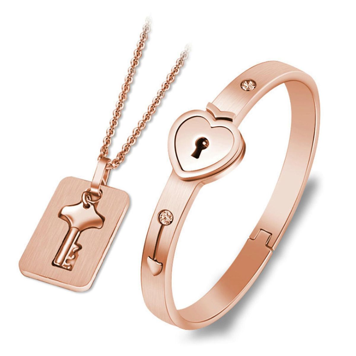 Lock Bracelet & Key Necklace Bangle Pendant Titanium Steel Lover Jewelry Set Romantic Gift for Valentines Day Birthday Christmas Wedding Anniversary