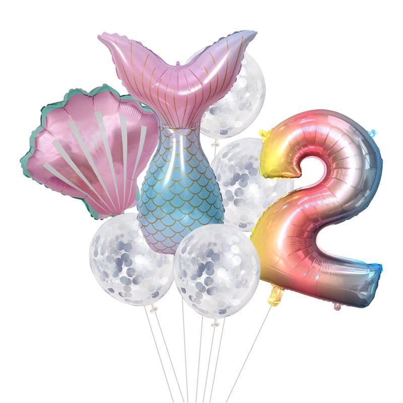 Colorful Shell Plate Tableware Set Little Mermaid Themed Party Supplies Girl Birthday Party DIY Decorations Baby Shower Decor 7pcs Balloon Set B2