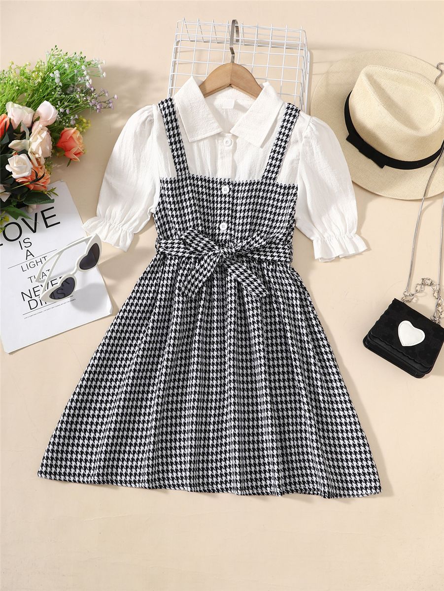 Children Girl Dress White Bubble Short Sleeve Plaid Dresses For 8-12 Years