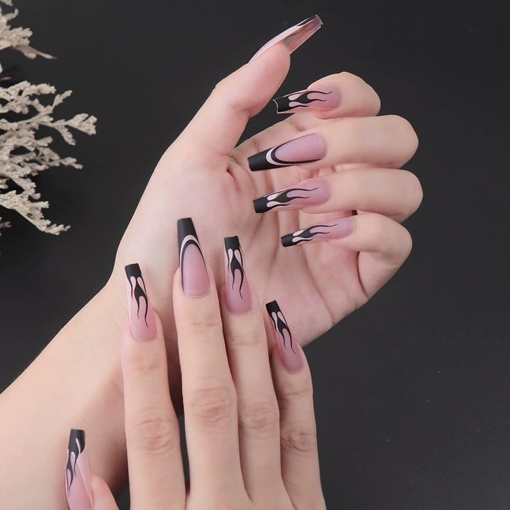 24PCS Long Press On Nails Black Flames French Full Coverage