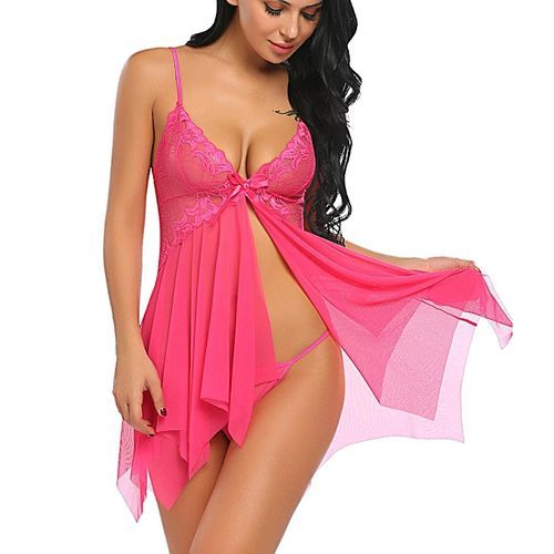 Women Sexy Lingerie Mesh Babydoll Floral Lace Patchwork Nightwear With G-string-Rose Red