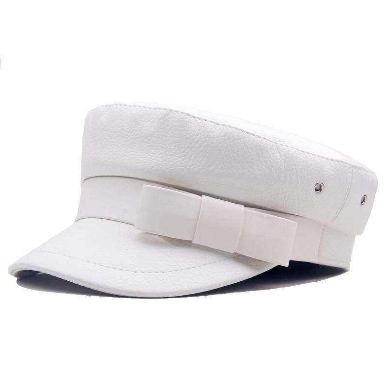 Four Seasons Female sboy Caps Flap Octagonal Hat With Visor Pu Material 58cm Hard Brim Bow Tie  Women BT0105