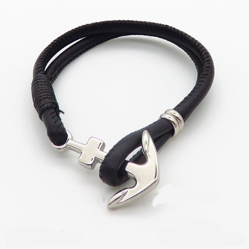 Men Leather Anchor Link Bracelet - Silver Head