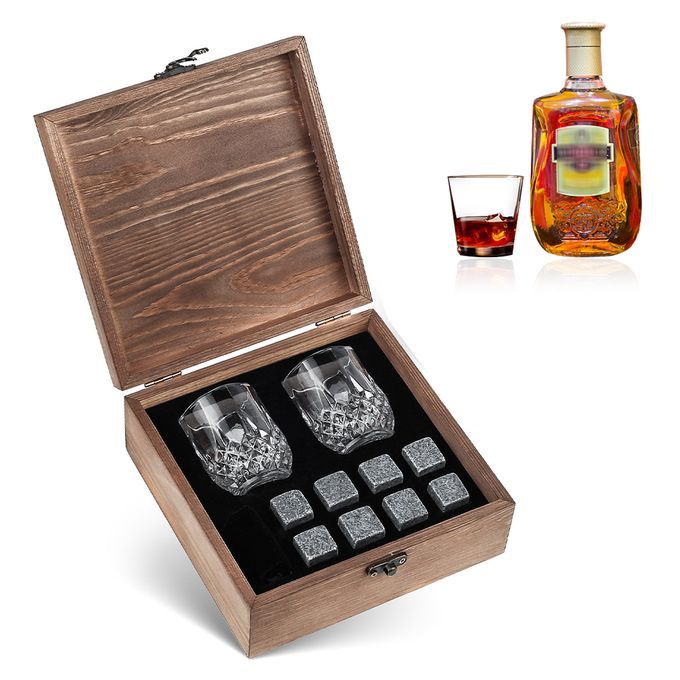 8pcs Whiskey Stones Set Chilling Stones 2 Glasses Wooden
