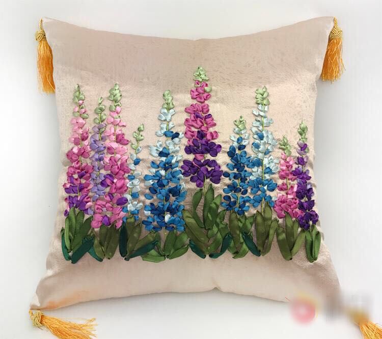 1pcs 40x40cm Lavender Ribbon Embroidery Kit Pillow Cushion Cover Car Sofa Set Handcraft DIY Handmade Needlework Art Home Decor