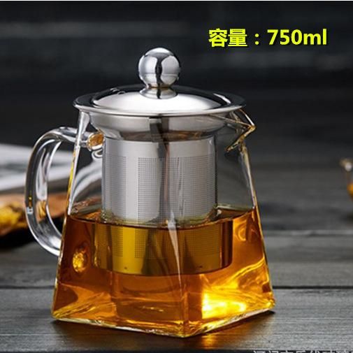 Wholesale household high borosilicate glass stainless steel leaking teapot bubble teapot square glass with filter flower teapot 750ml jug