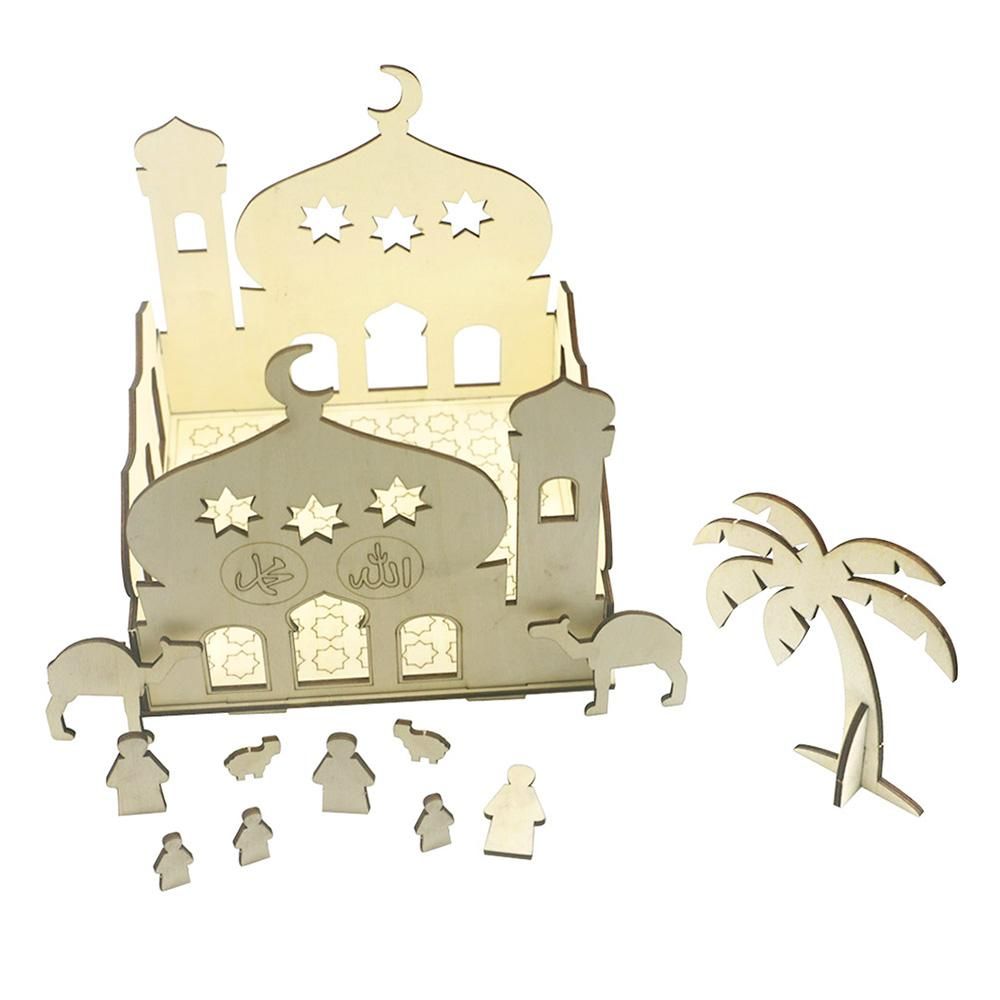 Wooden Castle DIY Craft Home Decoration Eid Mubarak Ramadan Party Ornament Gift